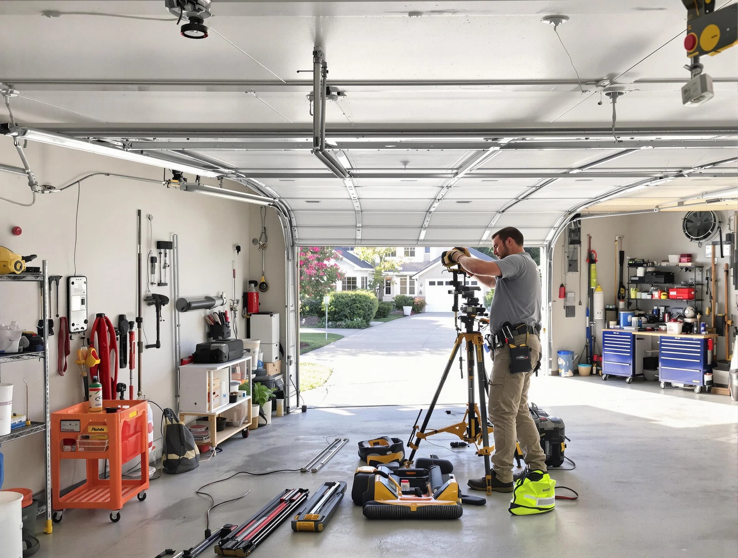 Maplewood Garage Door Repair specialist performing laser-guided track alignment in Maplewood