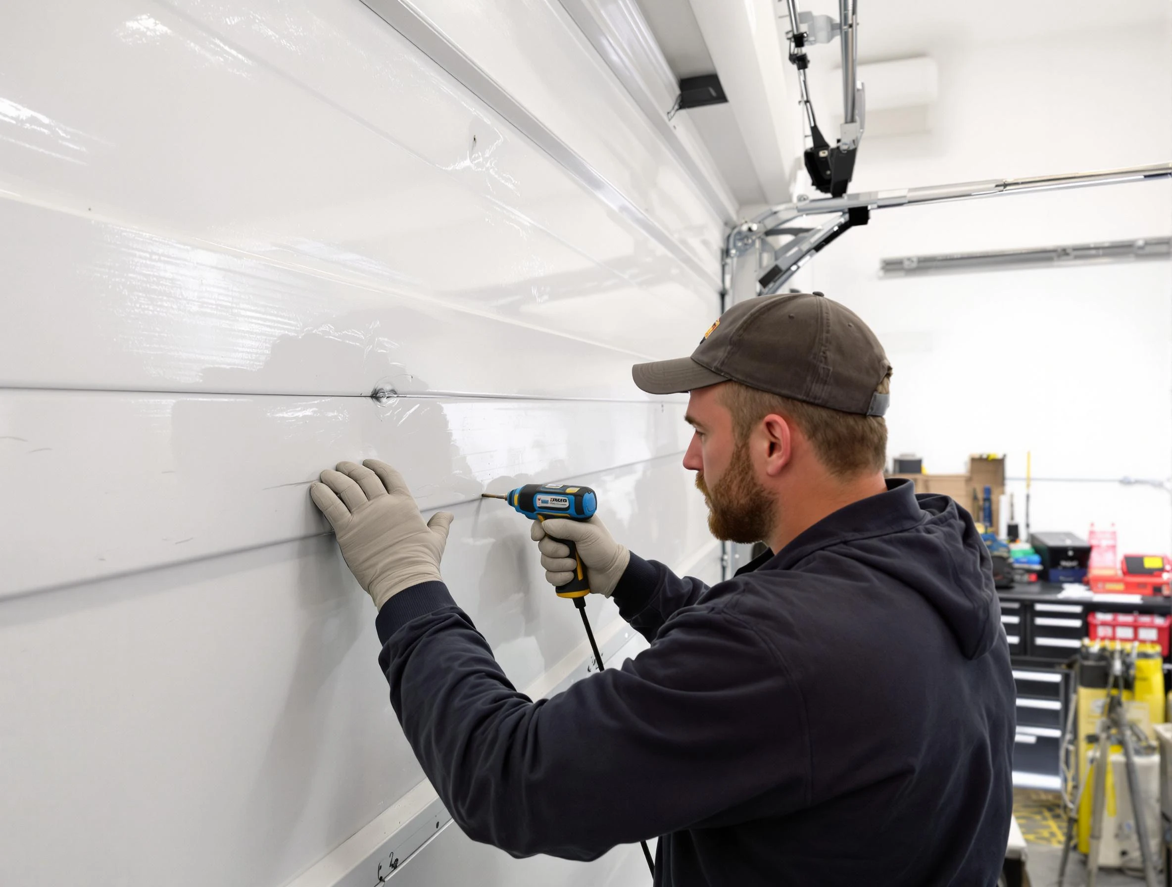 Maplewood Garage Door Repair technician demonstrating precision dent removal techniques on a Maplewood garage door